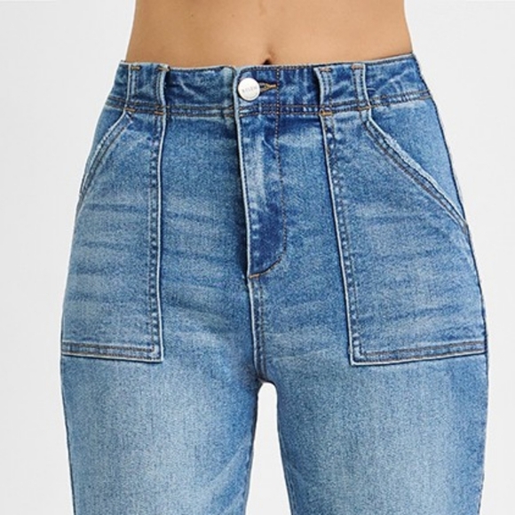 RISEN High-Rise Bootcut Cropped Ankle Mom Jeans 90s Patch Pocket Denim Pants - Picture 3 of 13